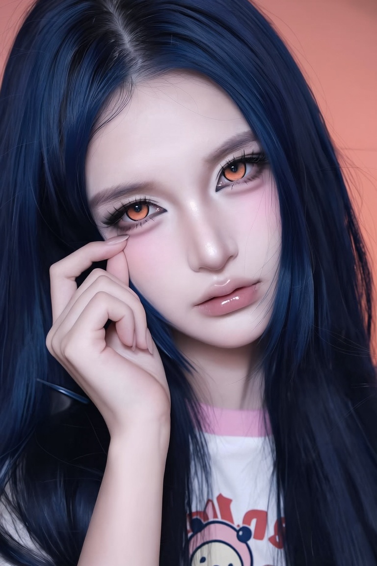Half-body close-up,  woman with pale white skin,  long midnight blue fluffy hair on Tensor.Art