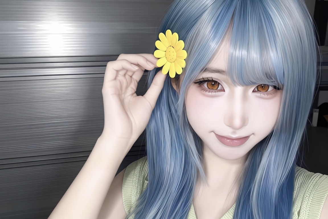Half-body close-up,  woman with porcelain white skin,  long sky blue straight hair on Tensor.Art