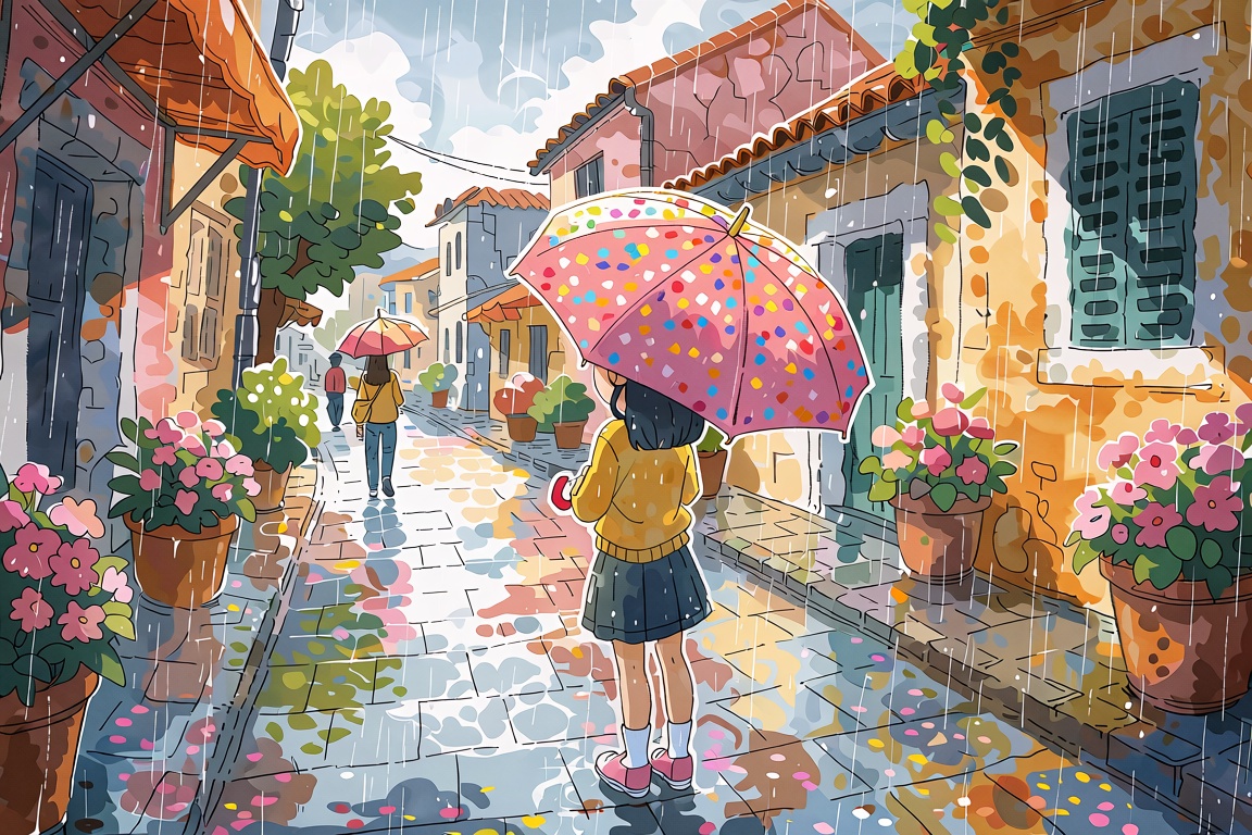 The image depicts a serene street scene with a young girl standing in the center,  holding a pink umbrella adorned with sp...