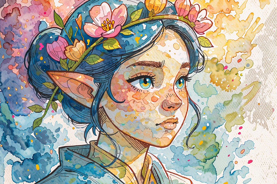 expressive watercolor painting of a young female elf wearing an intricate floral crown,  gazing thoughtfully into the dist...