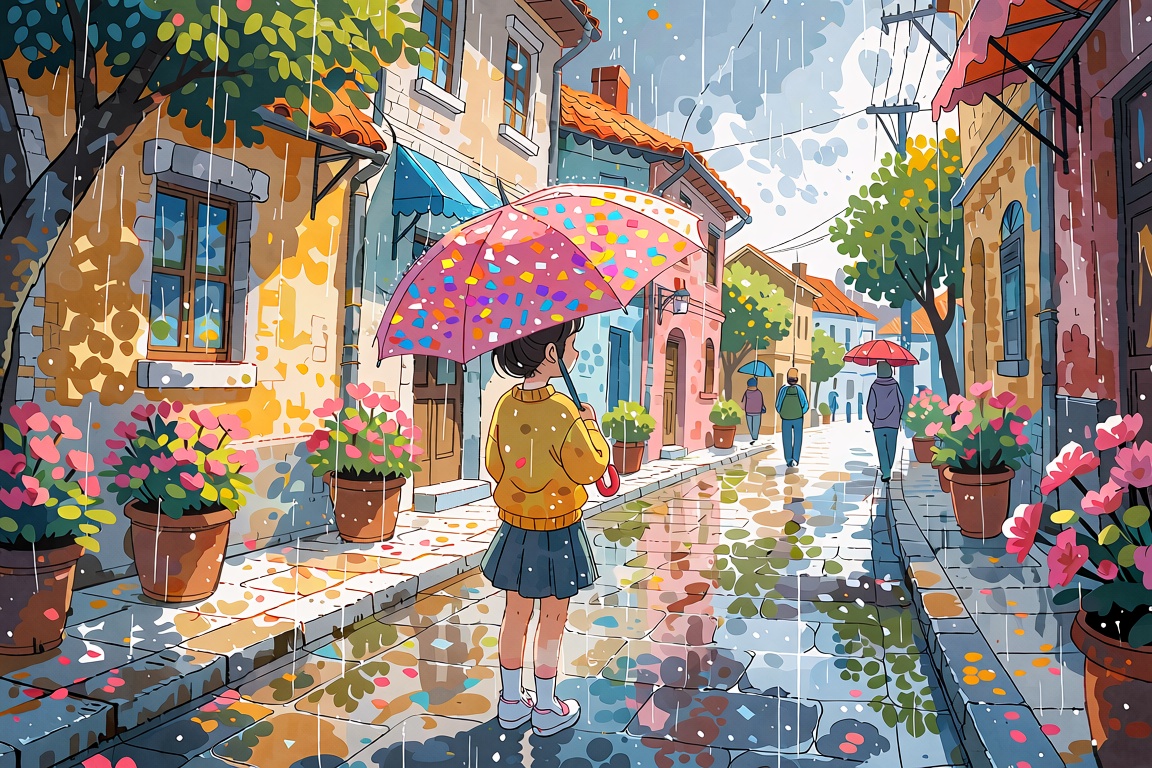 The image depicts a serene street scene with a young girl standing in the center,  holding a pink umbrella adorned with sp...