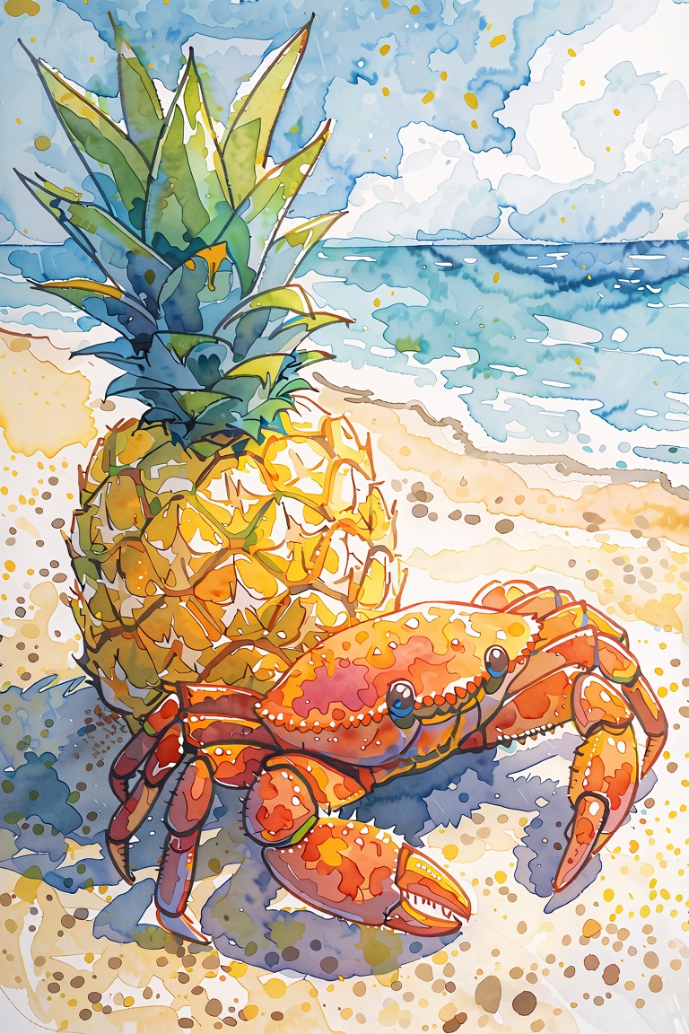 Watercolor painting of a bright yellow pineapple and a red crab sitting together on a sandy beach,  soft flowing watercolo...