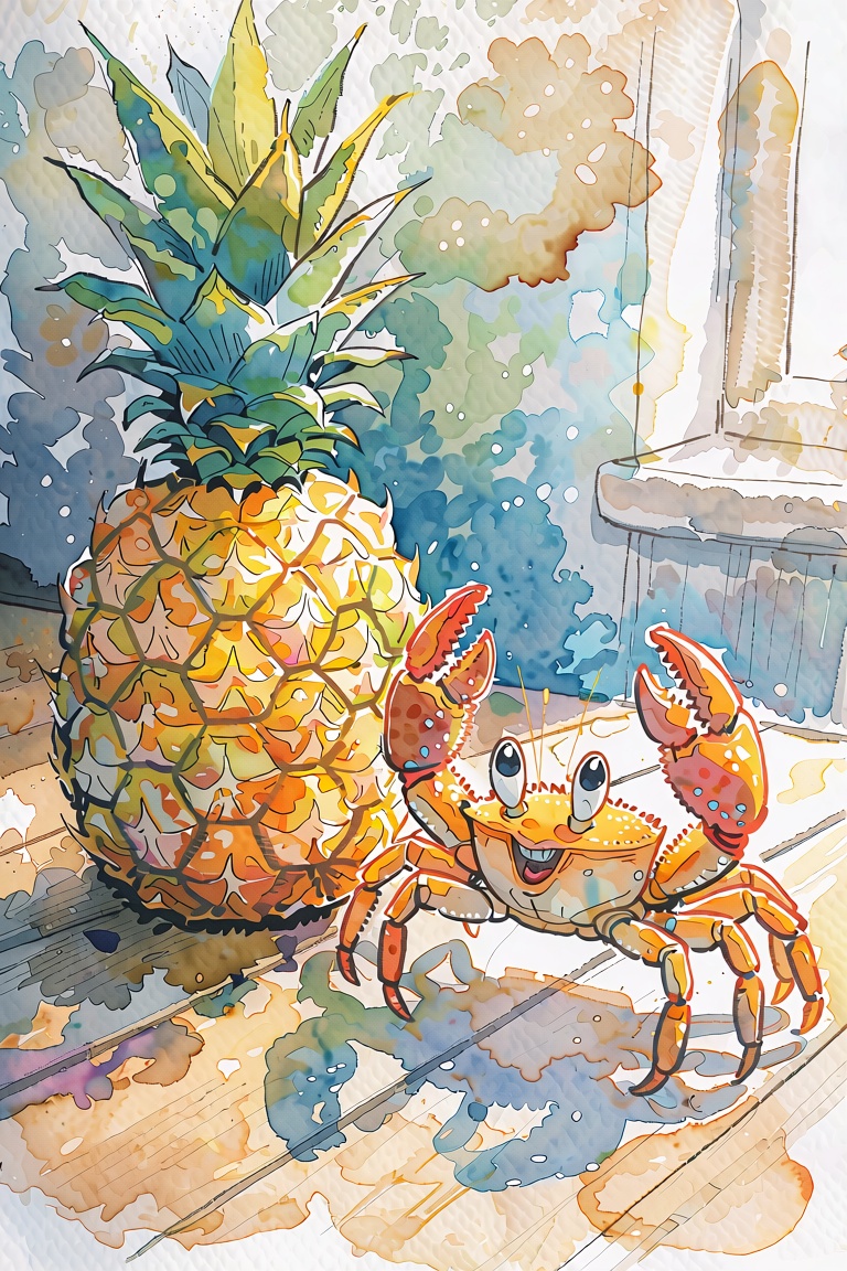 Beautiful watercolor illustration of a pineapple and a playful crab on a wooden table,  soft pastel colors,  loose waterco...
