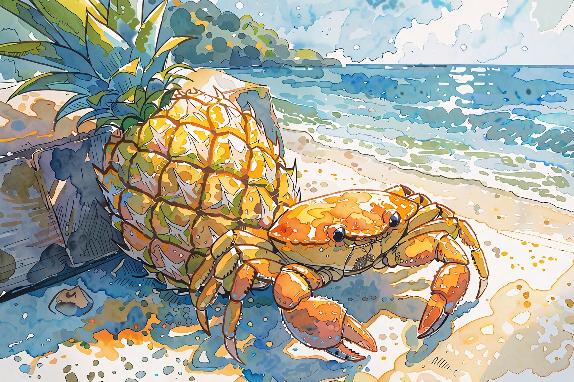 Delicate watercolor scene of a pineapple and a crab resting near the ocean shore,  soft blue and turquoise washes,  gentle...