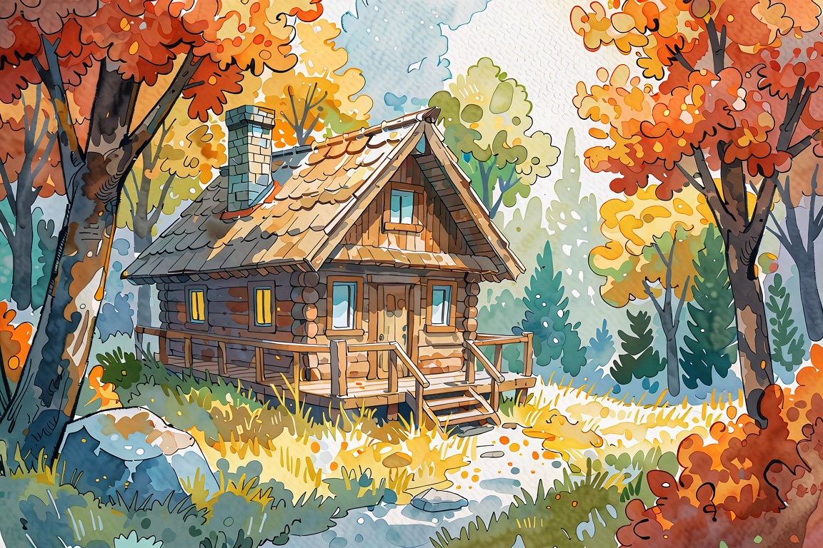 Aquarelle Spectra,  expressive watercolor painting of a cozy wooden cabin tucked away in a lush autumn forest,  vibrant wa...