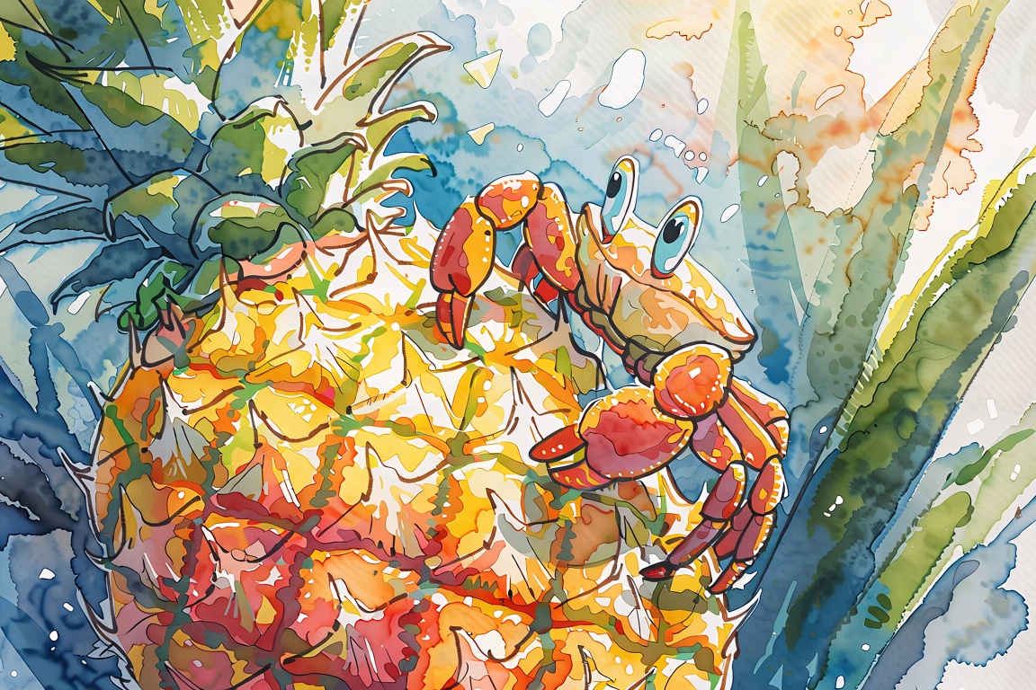 Watercolor painting of a large pineapple with a small crab climbing on it,  soft tropical background with green leaves,  f...