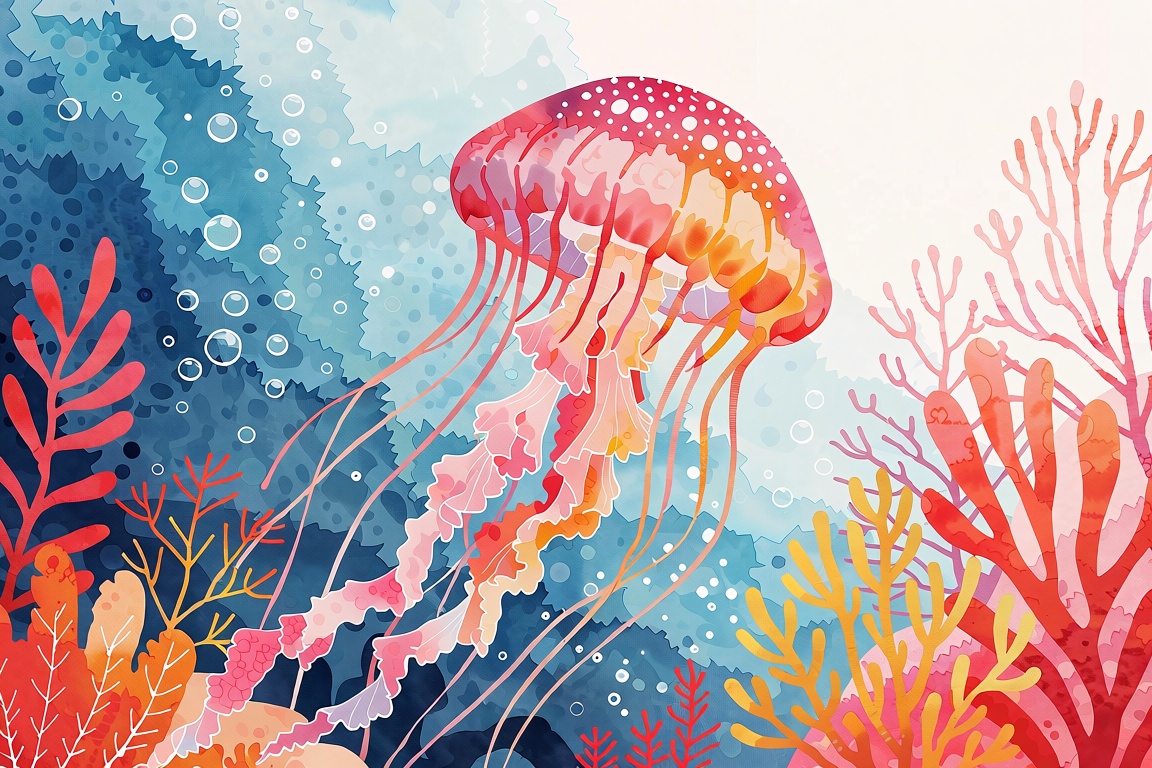 The image depicts a colorful underwater scene with a large jellyfish at the center. The jellyfish has a vibrant,  gradient...