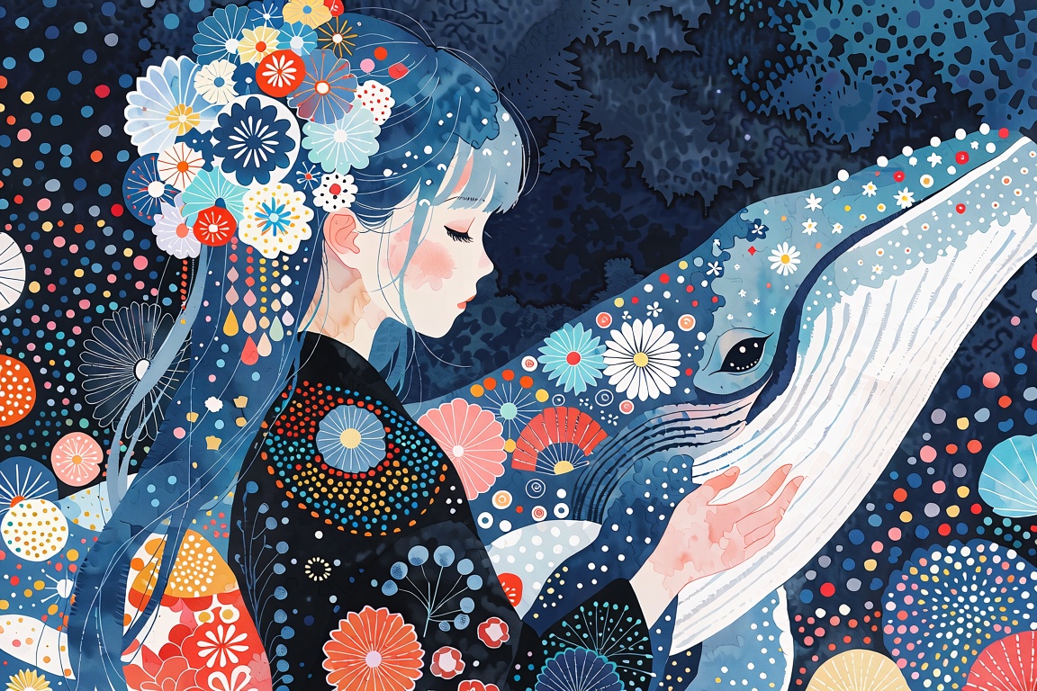The image depicts a young girl with long blue hair adorned with intricate,  sparkling blue and white ornaments. She is dre...