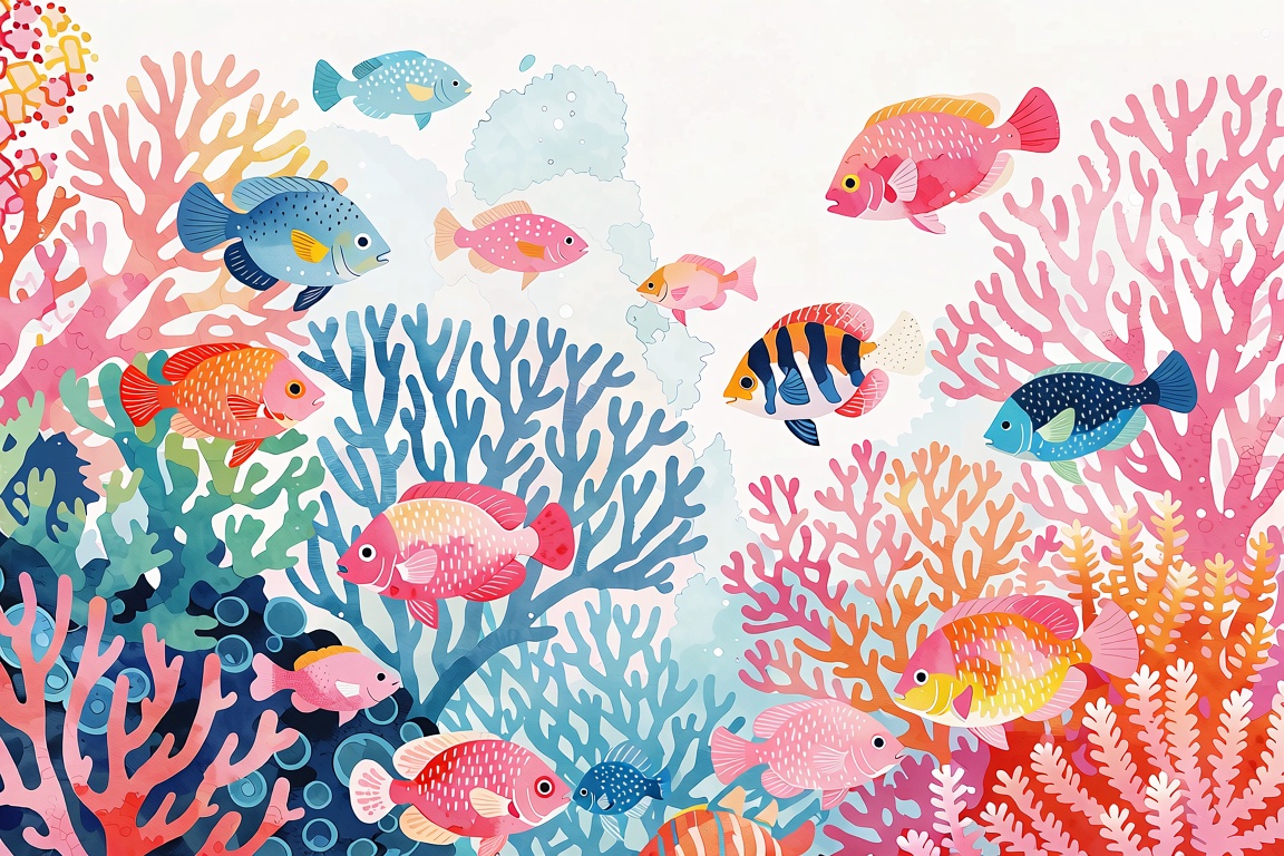 The image depicts a vibrant underwater scene filled with colorful fish and coral. The fish are depicted with a variety of...