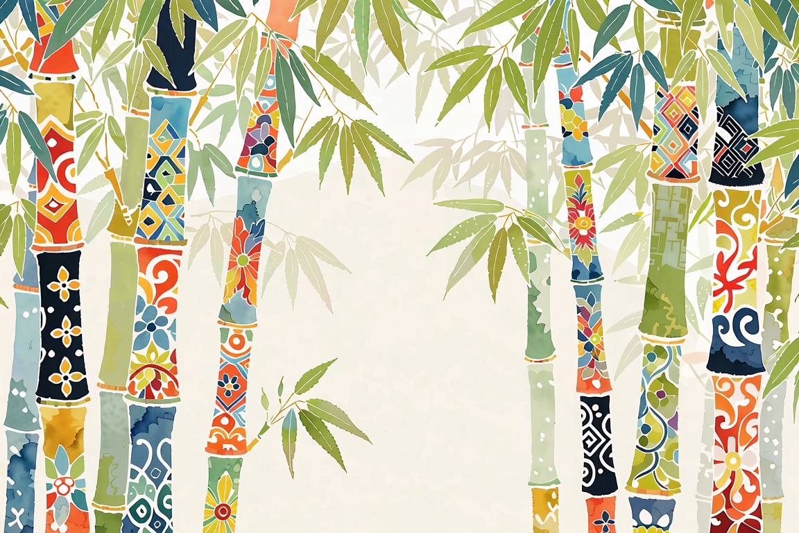 The image depicts a stylized illustration of bamboo trees. The bamboo stalks are adorned with intricate,  colorful pattern...
