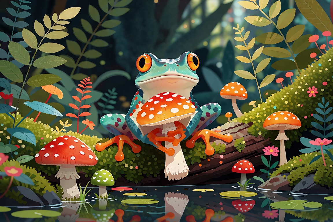 The image depicts a vibrant,  animated scene of a forest environment. At the center is a whimsical,  blue-green frog with...