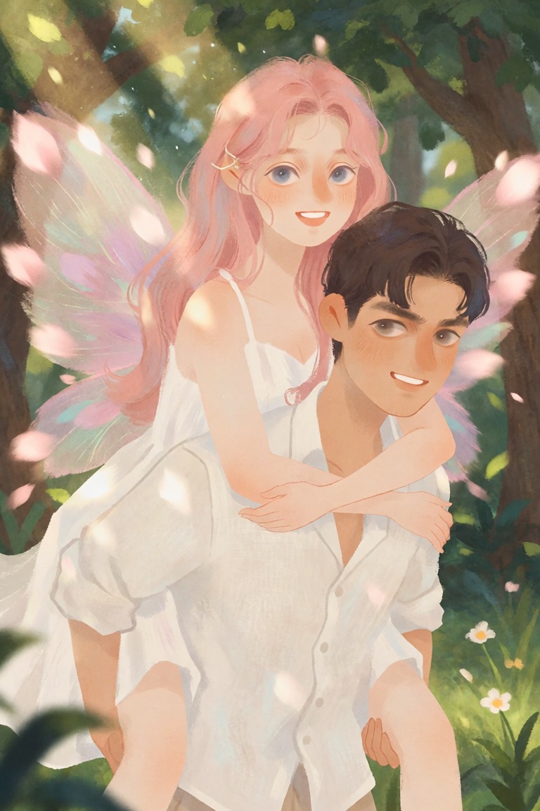 A young man carries a young woman on his back in a sunlit forest clearing. The man has dark hair and brown eyes; he wears...