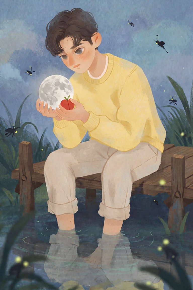 A young man with dark wavy hair and deep brown eyes sits on the edge of a wooden dock. He wears a pale yellow sweater and...