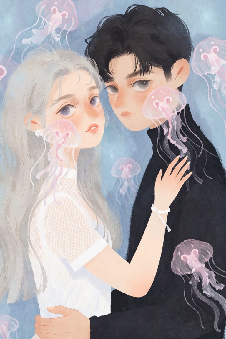 A young couple stands inches apart in a pale blue room. The woman has long silver hair and violet eyes; she wears a white...