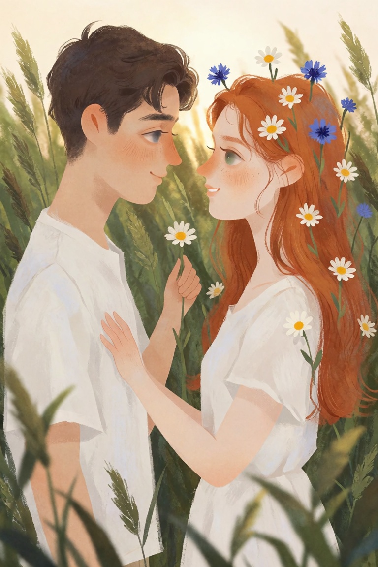 A young man and woman stand face to face in a field of tall grass. The man has dark hair and blue eyes; the woman has long...