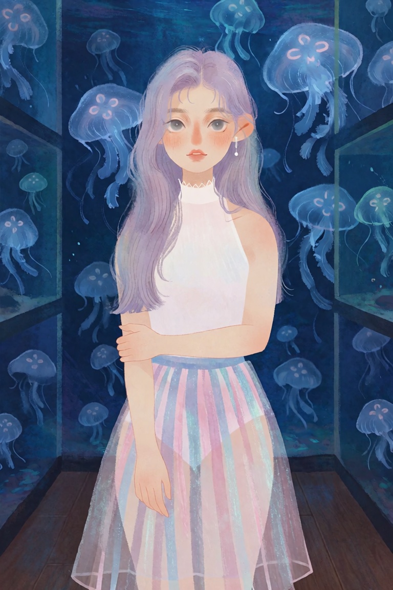 A young woman with long lavender hair and gray eyes stands in the center of a room where the walls are made entirely of cl...