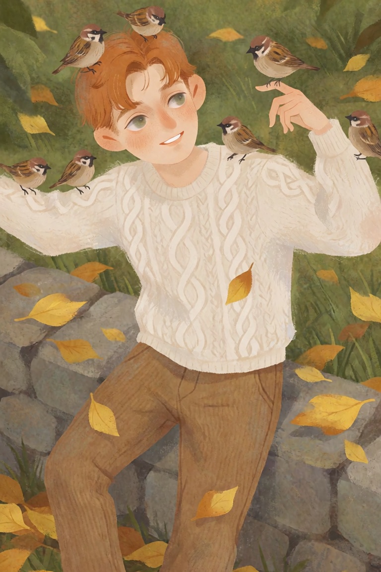 A young man with short auburn hair and green eyes sits on a low stone wall. He wears a cream cable-knit sweater and brown...