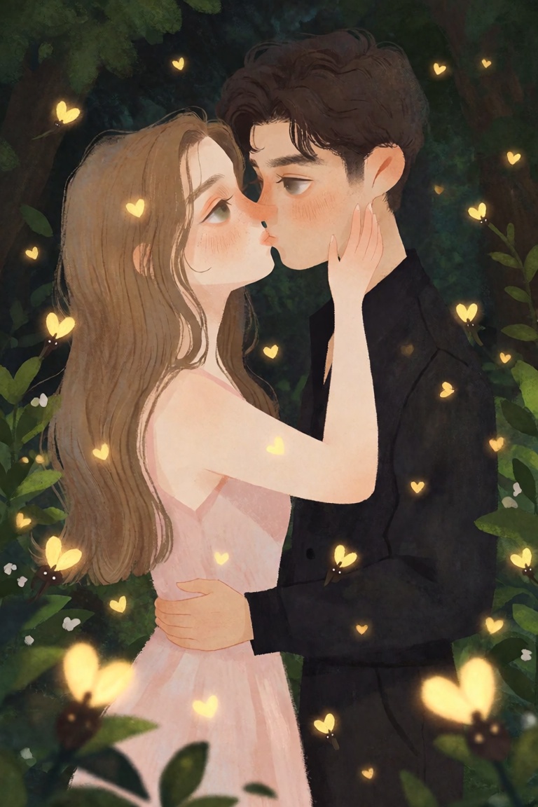 A young couple stands close together in a dark garden. The woman has long brown hair and hazel eyes; she wears a pale pink...