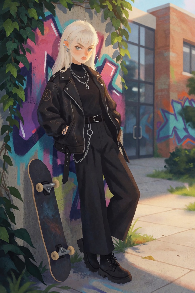 A striking young woman with platinum-blond hair and sharp bangs leans against a concrete wall outside a modern campus buil...