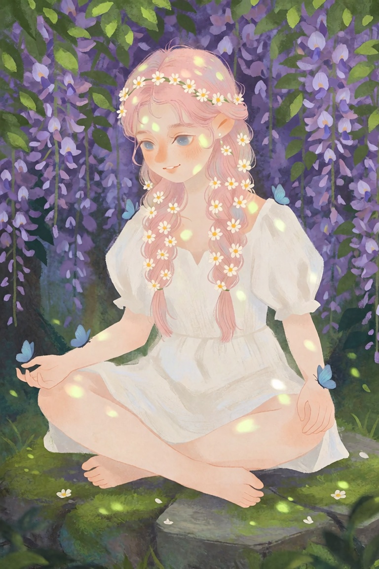A young woman with long pastel pink hair sits cross-legged on a moss-covered stone. Her hair is braided with hundreds of t...