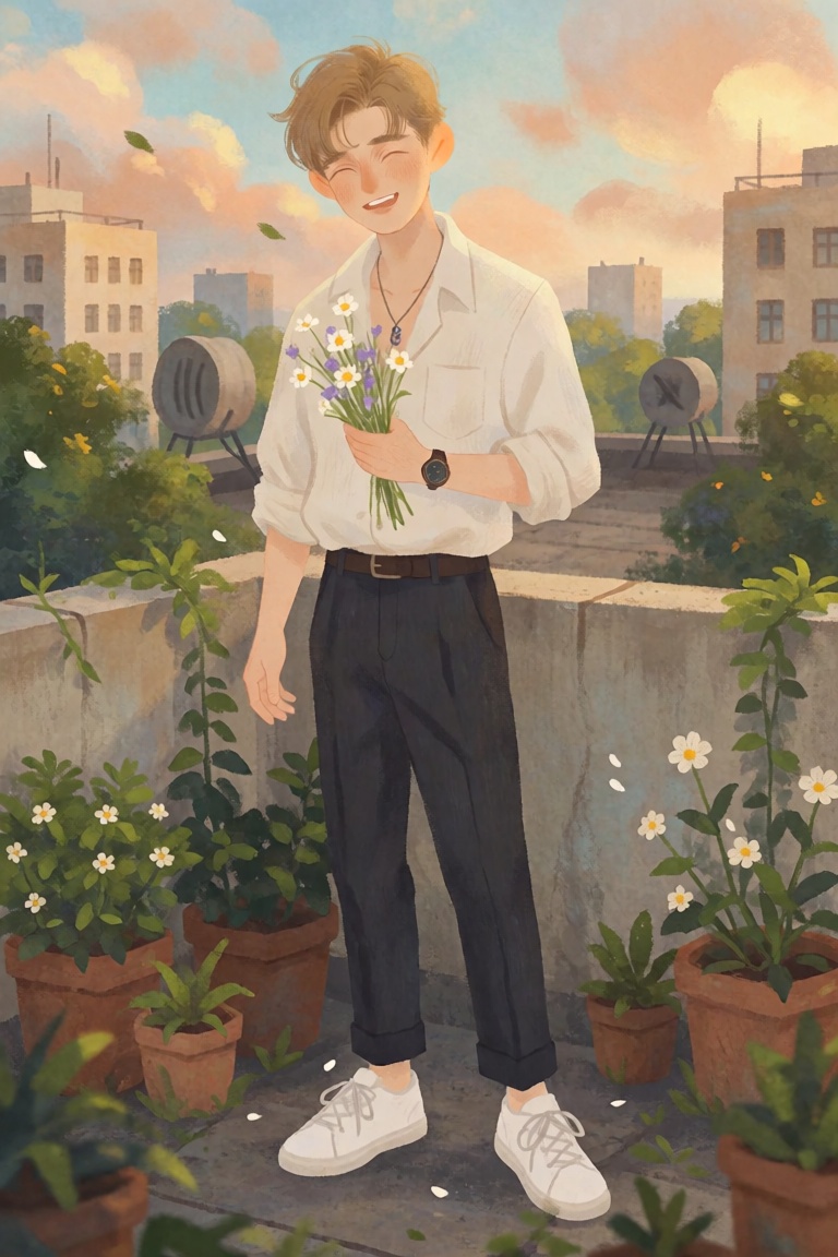 A handsome young man with tousled chestnut hair stands on a university rooftop surrounded by potted plants and low concret...