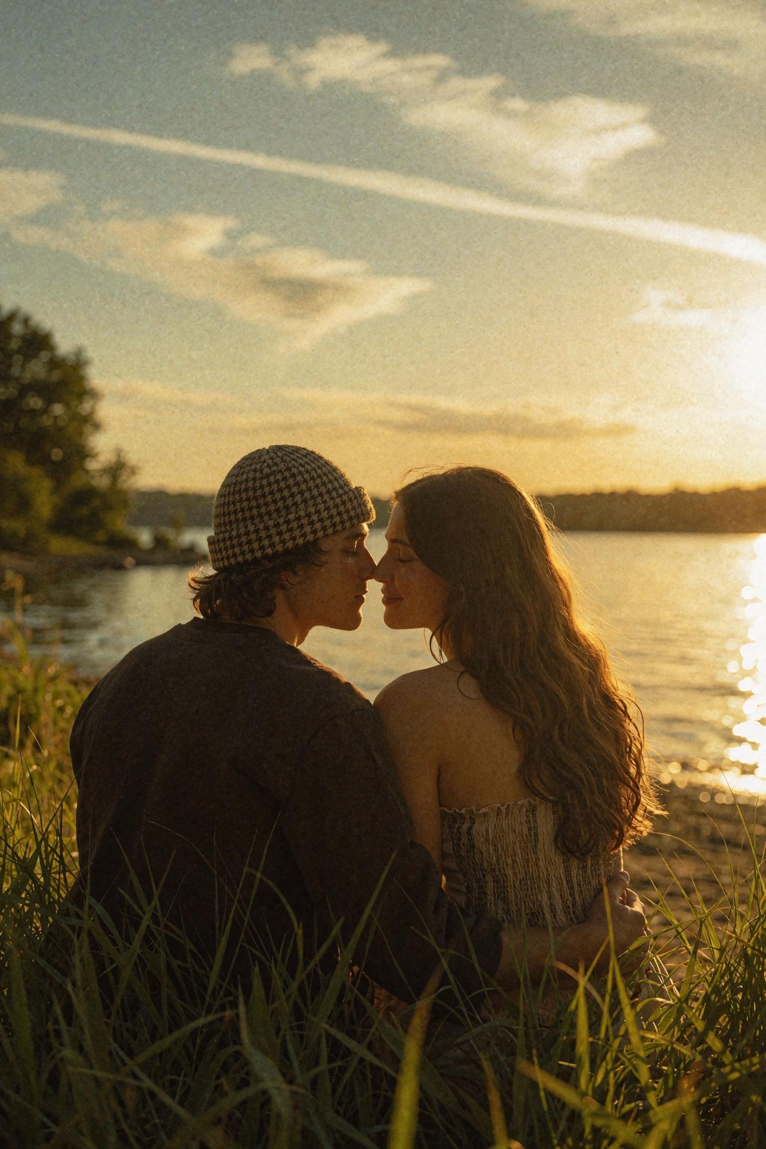 Cinematic golden-hour romance photograph of a young couple seated close together in tall grass beside the water at sunset,...