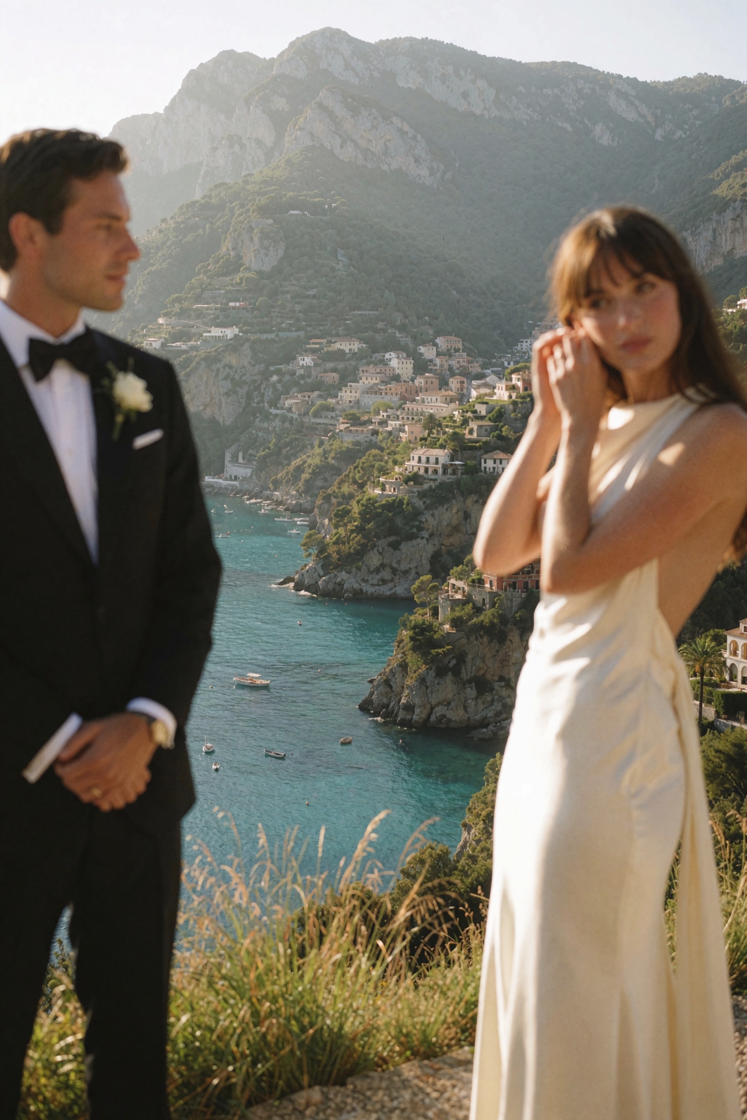 Candid documentary-style UGC smartphone snapshot from a destination wedding,  a couple standing apart at a terrace edge hi...