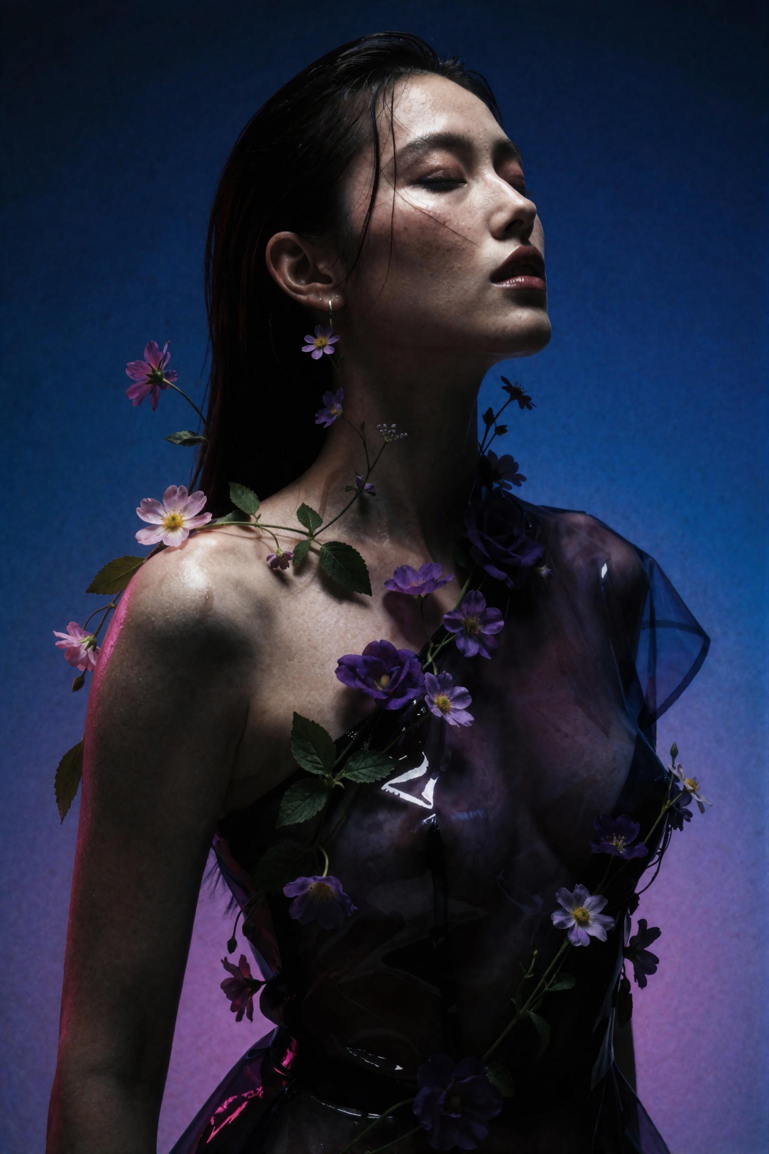 Artistic editorial portrait of an ***** woman in a dramatic three-quarter profile,  head tilted upward with eyes closed,...