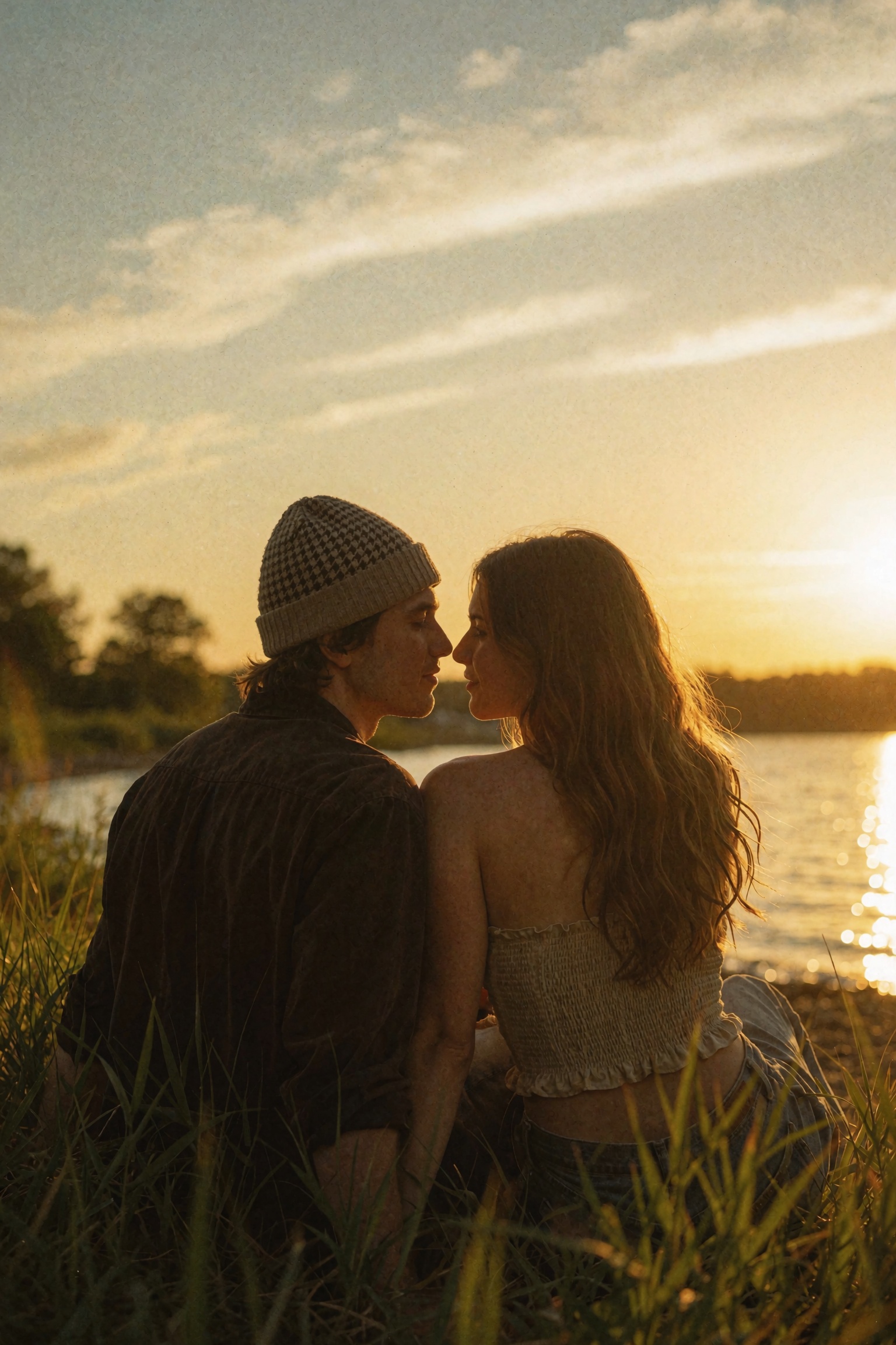Cinematic golden-hour romance photograph of a young couple seated close together in tall grass beside the water at sunset,...