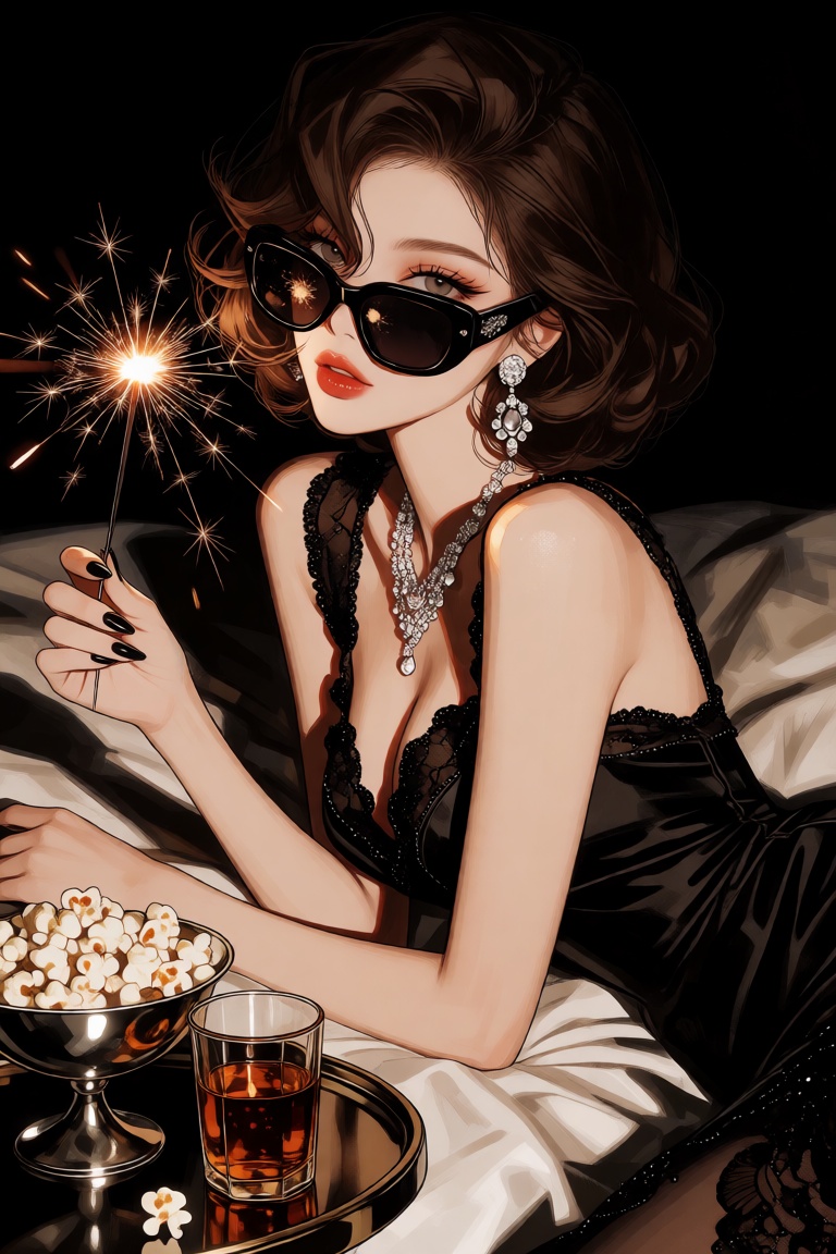 @NIJISIS,  High-quality anime-style illustration,  a sophisticated woman lounging in bed on Tensor.Art