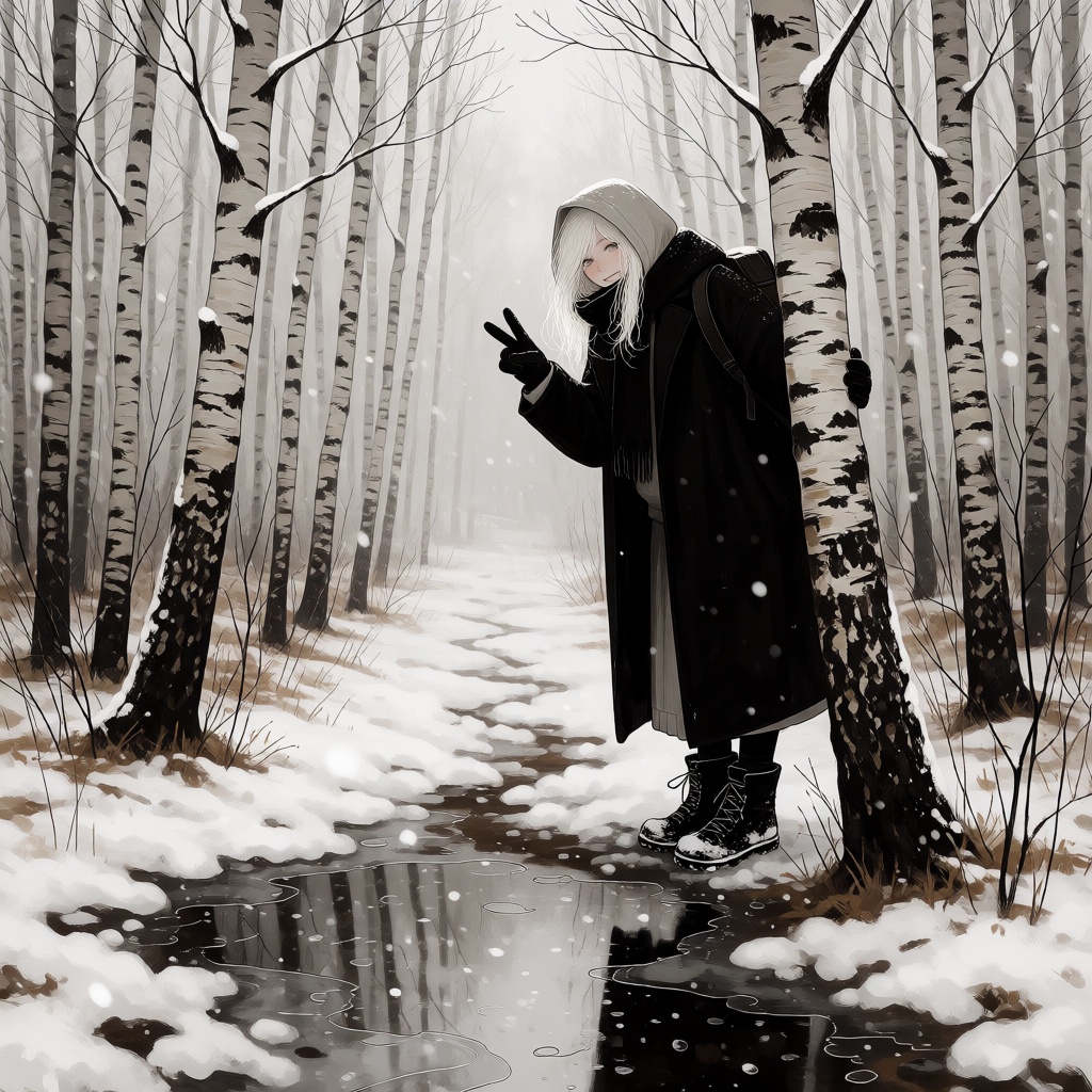 @NIJISIS,  A painterly monochrome digital illustration of a lone woman traveler wandering around a dense winter birch fore...