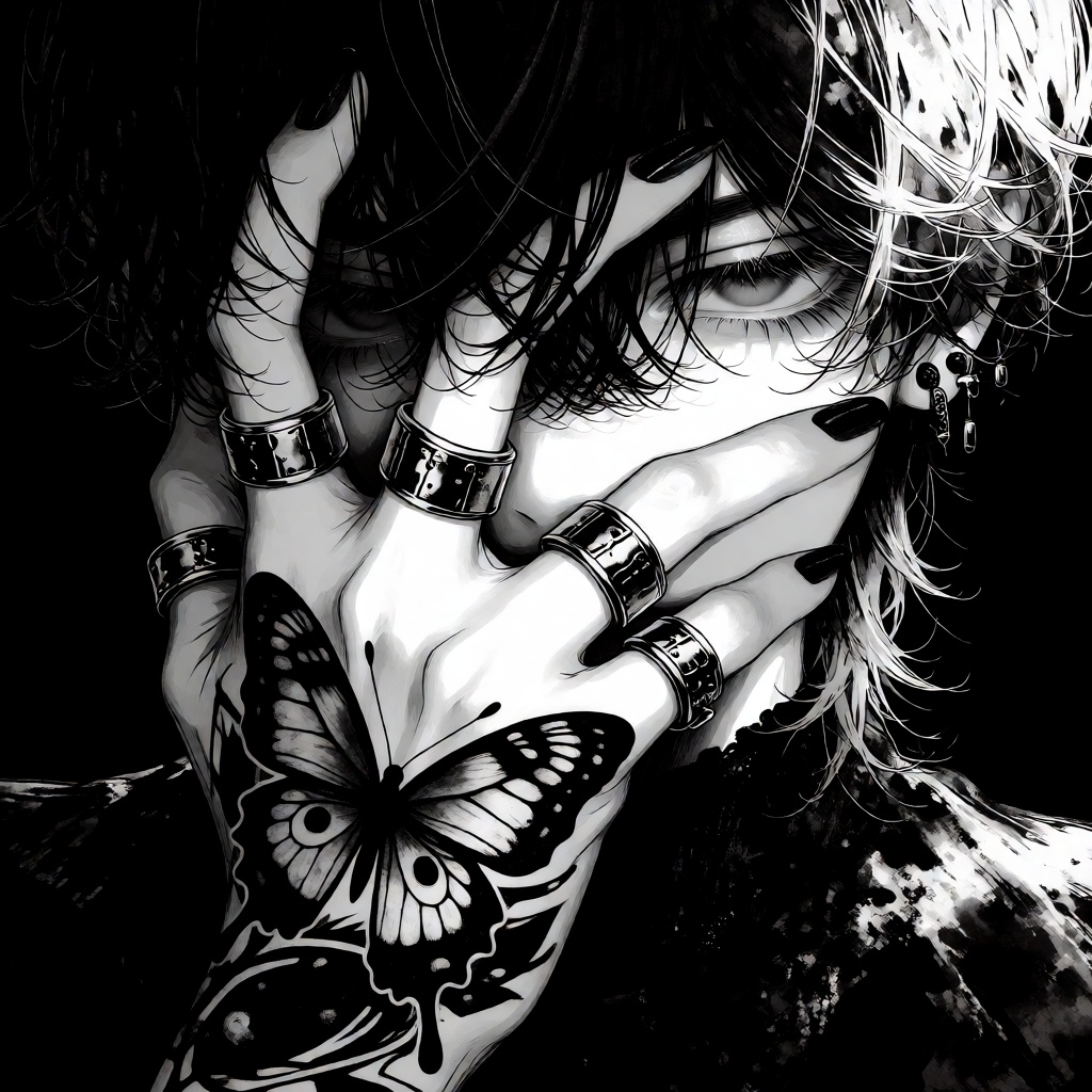 @NIJISIS,  A striking,  high-contrast black and white digital art portrait. A person with messy on Tensor.Art