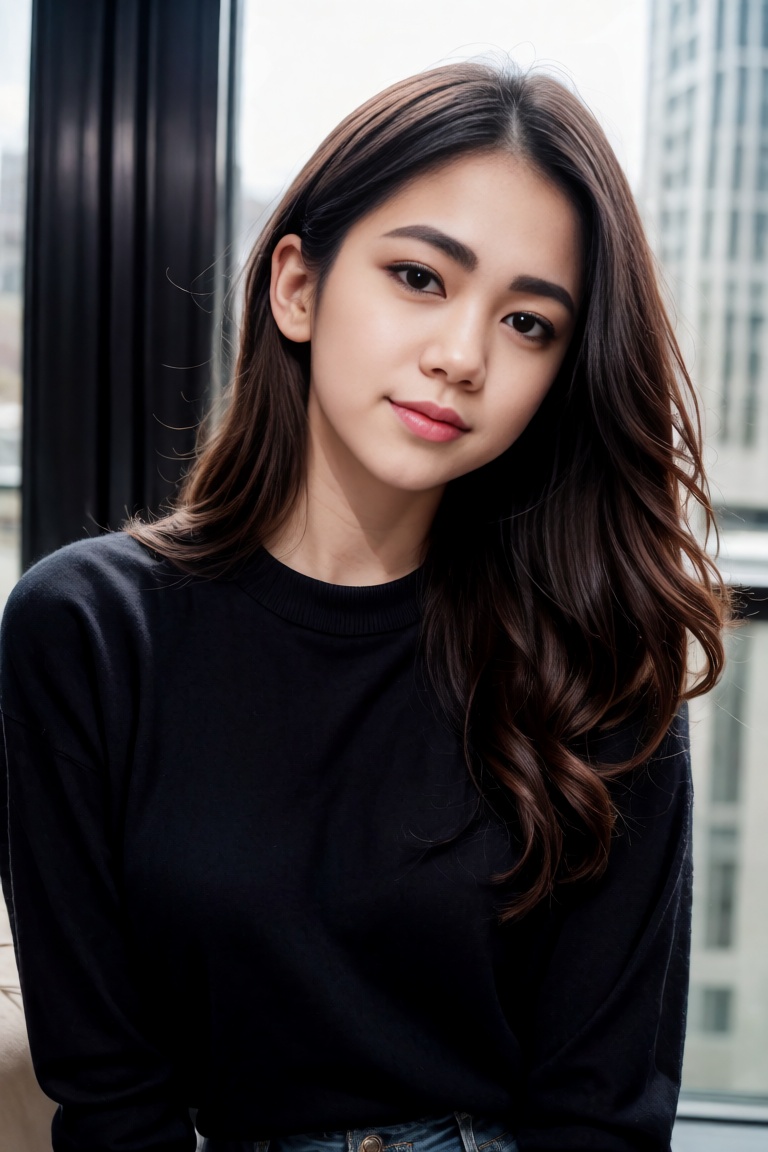 Create an Instagram photo 23-year-old wearing a black sweater.highlight her pale skin. Capture her with a soft smile (smil...
