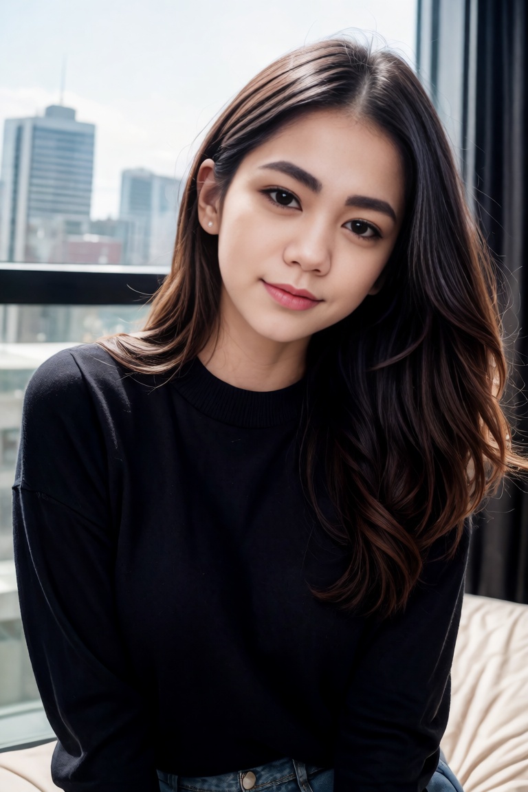 Create an Instagram photo 23-year-old wearing a black sweater.highlight her pale skin. Capture her with a soft smile (smil...