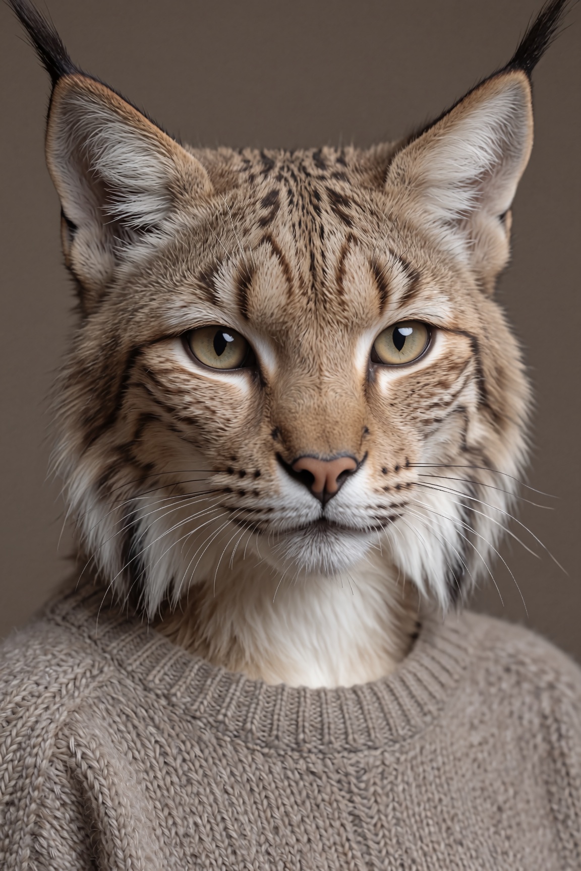Closeup of an anthro furry lynx female wearing a wool sweater,  high quality photography,  3 point lighting on Tensor.Art