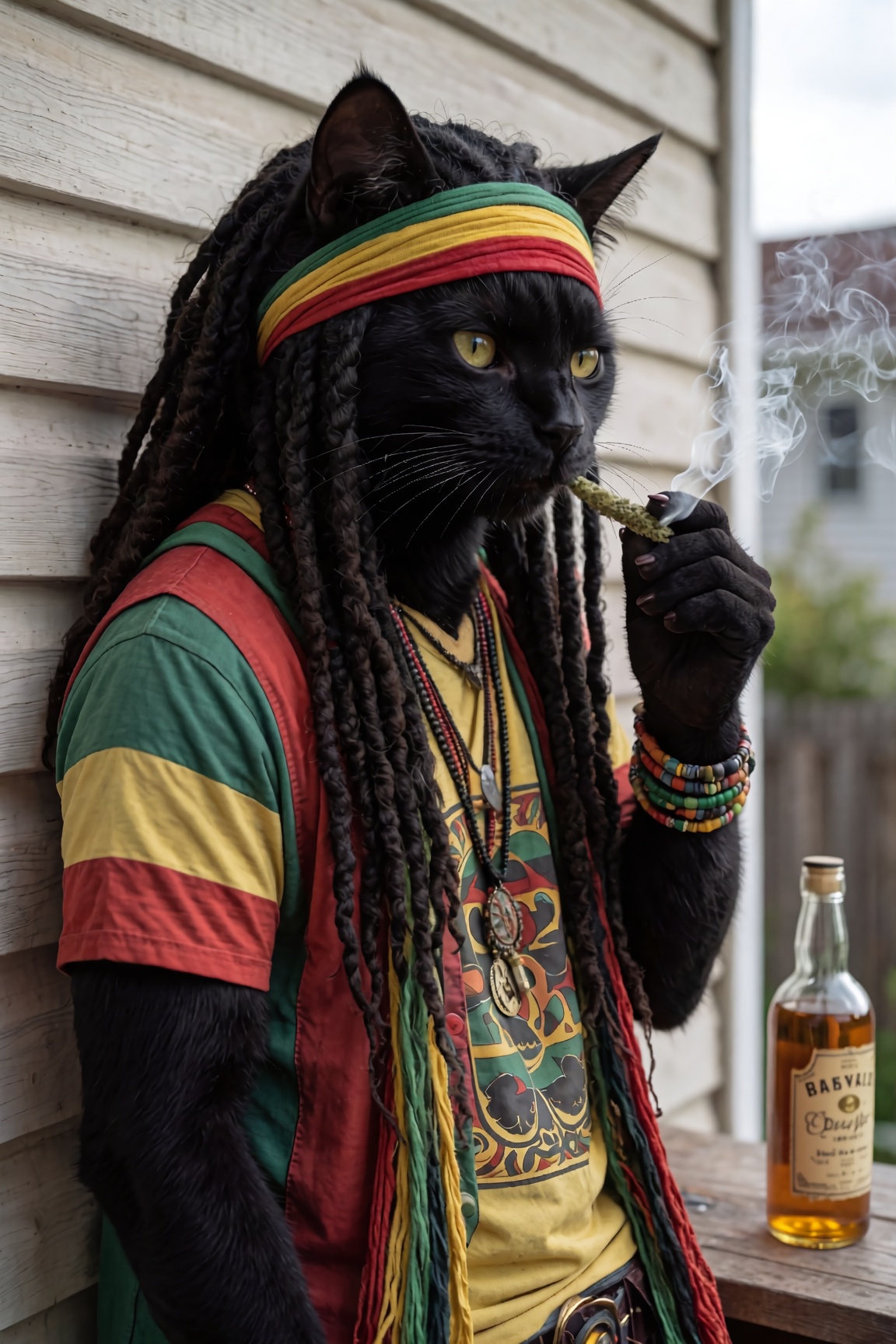 realistic photo of an anthro reggea black cat with long drag locks wearing an rastafarian outfit leaning on a house wall a...