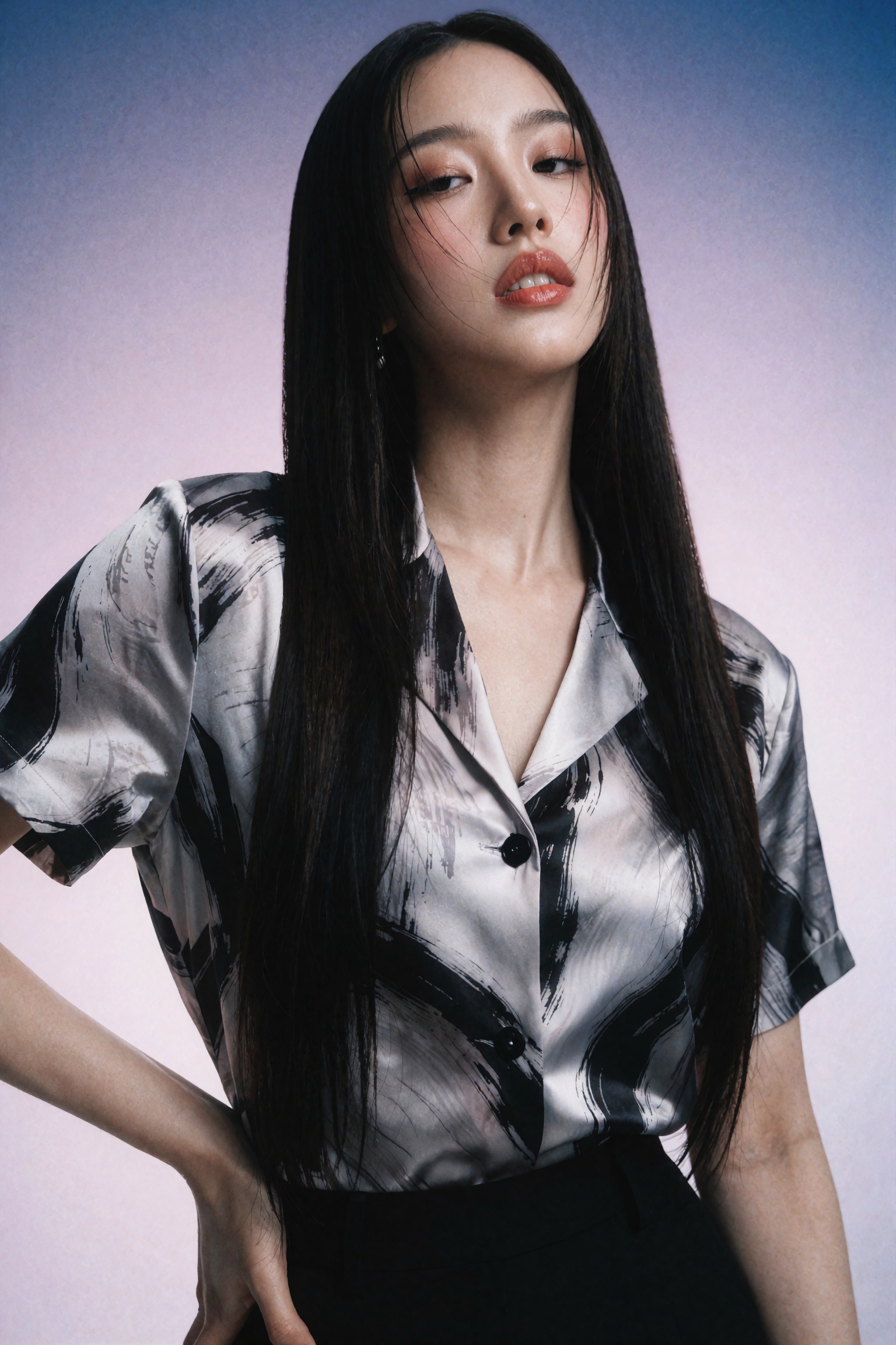 Cinematic fashion magazine editorial portrait of a young woman with chin slightly raised,  gazing down into the camera wit...