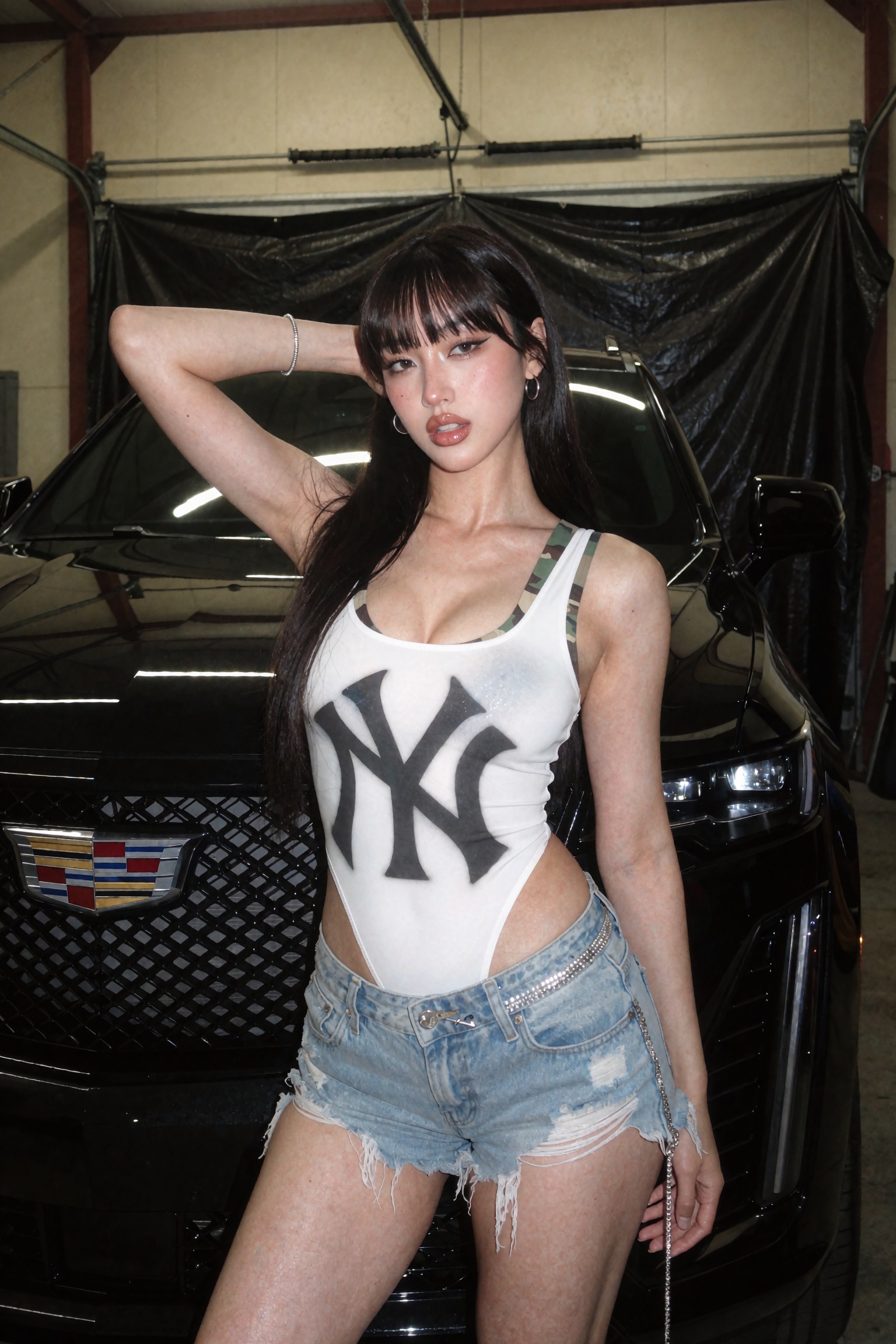 Candid documentary-style UGC flash snapshot of a young woman posing in front of a black luxury SUV inside a garage,  one a...