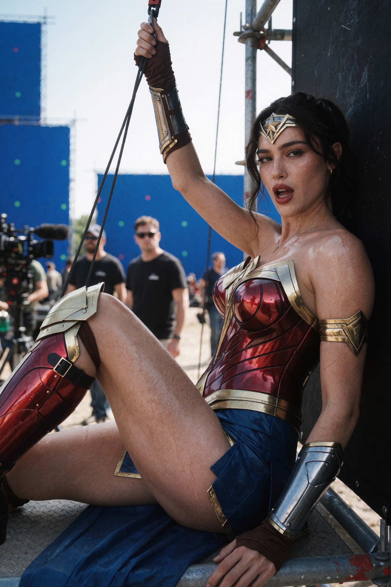 Candid documentary-style UGC behind-the-scenes smartphone snapshot of a woman in an Amazonian warrior superhero costume se...