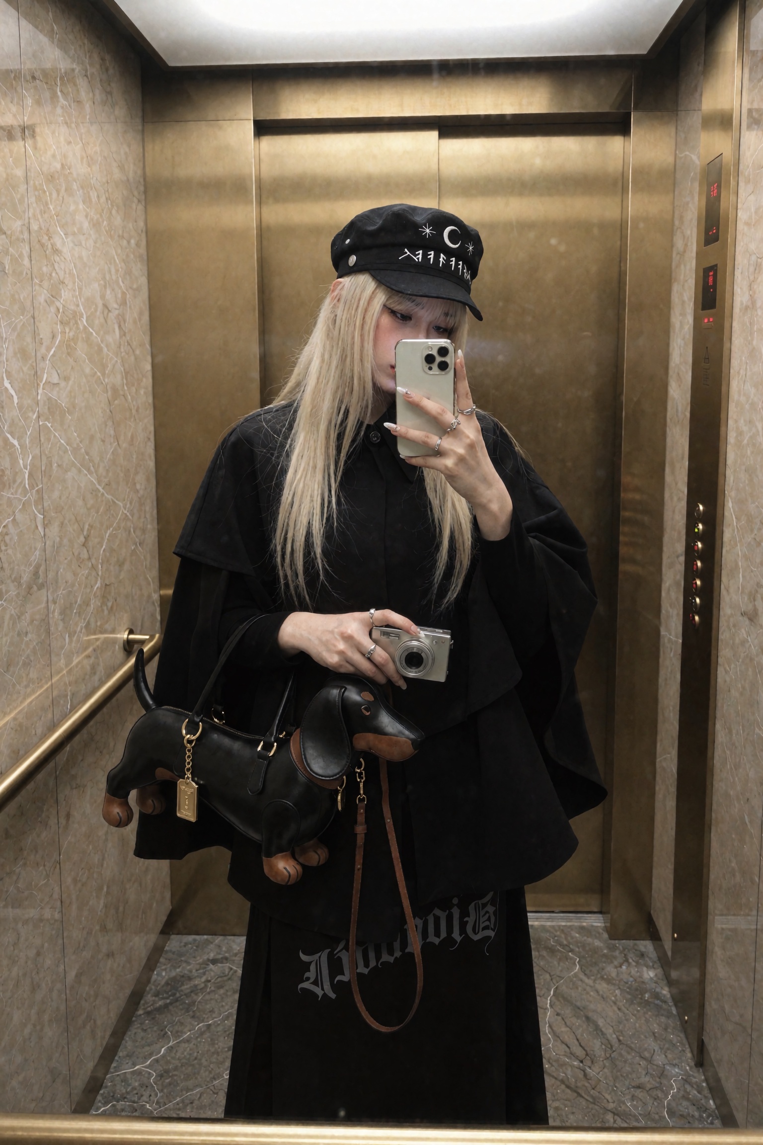Candid documentary-style UGC smartphone mirror selfie of a young woman inside a champagne-gold paneled elevator,  head ang...