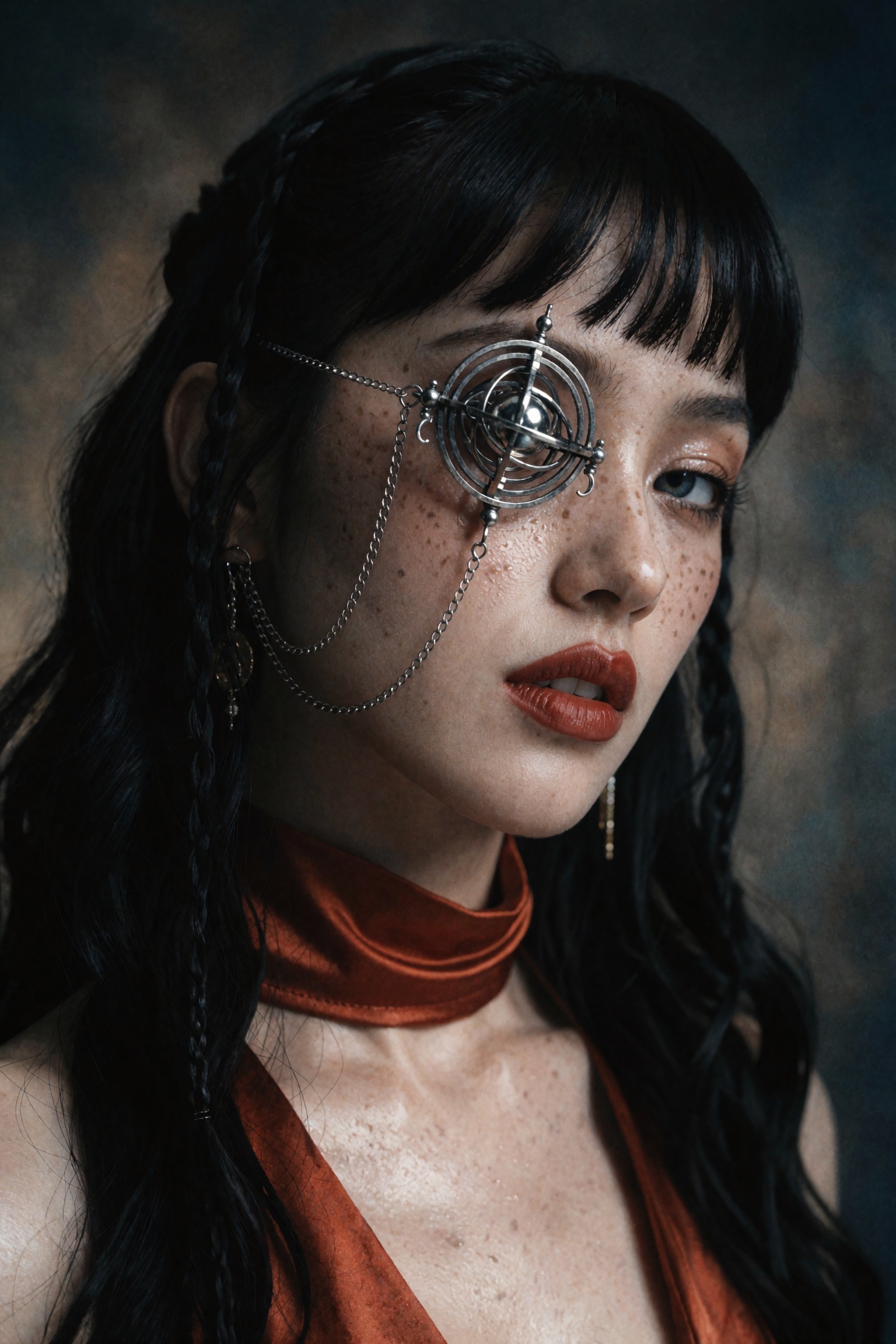 Cinematic gothic fantasy editorial close-up portrait of a young woman with a calm intense gaze into the lens,  head slight...