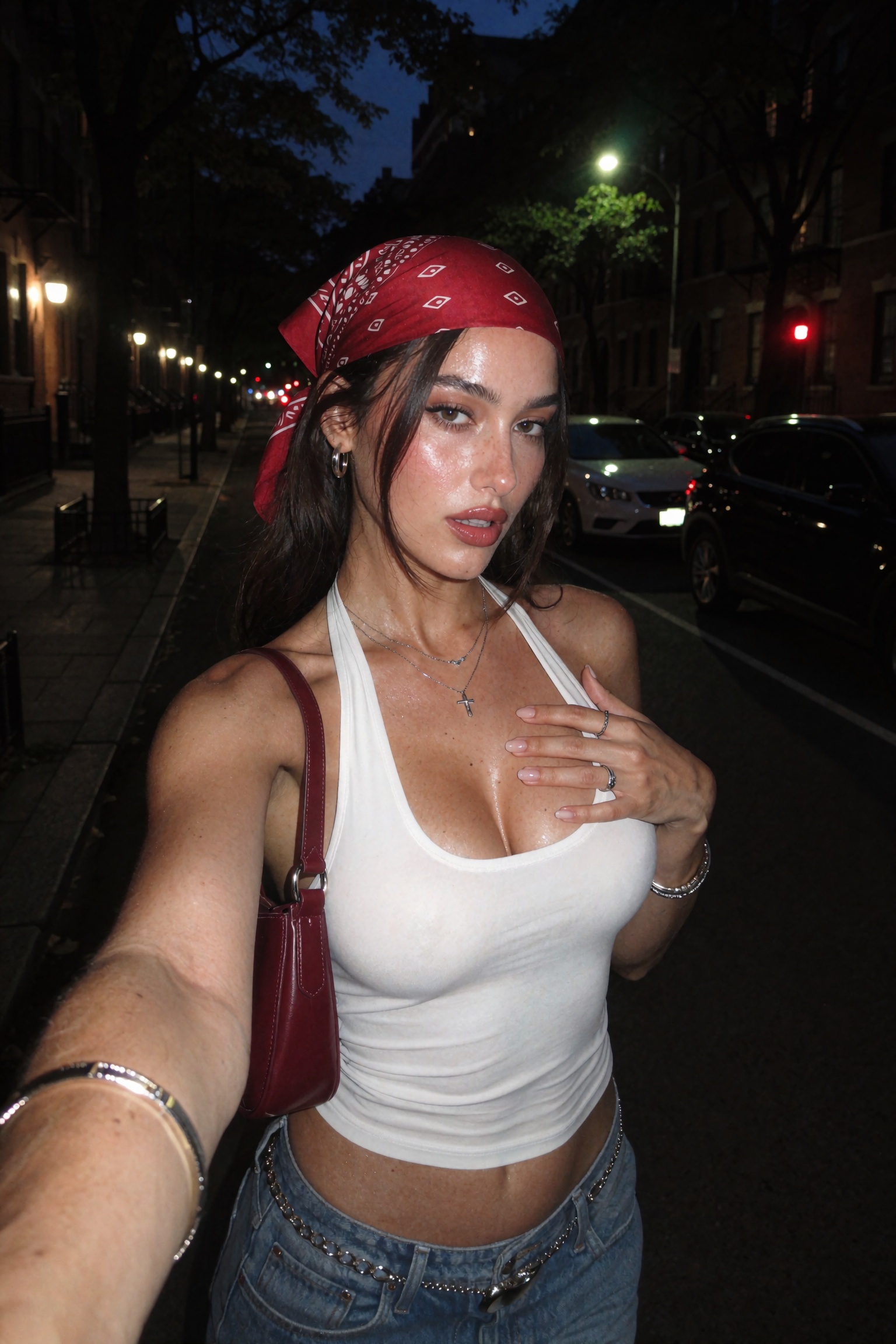 Candid nighttime smartphone selfie of an ***** woman walking on a city street,  close wide-angle arm’s-length framing with...