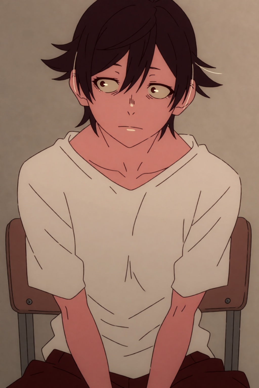 Koyomi,  a **** boy with short black hair and dark grey eyes,  is sitting on a chair. on Tensor.Art