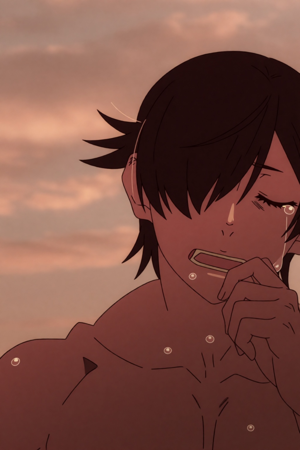 Koyomi,  a **** boy with short black hair and dark grey eyes,  is captured in a cinematic close-up shot that emphasizes th...