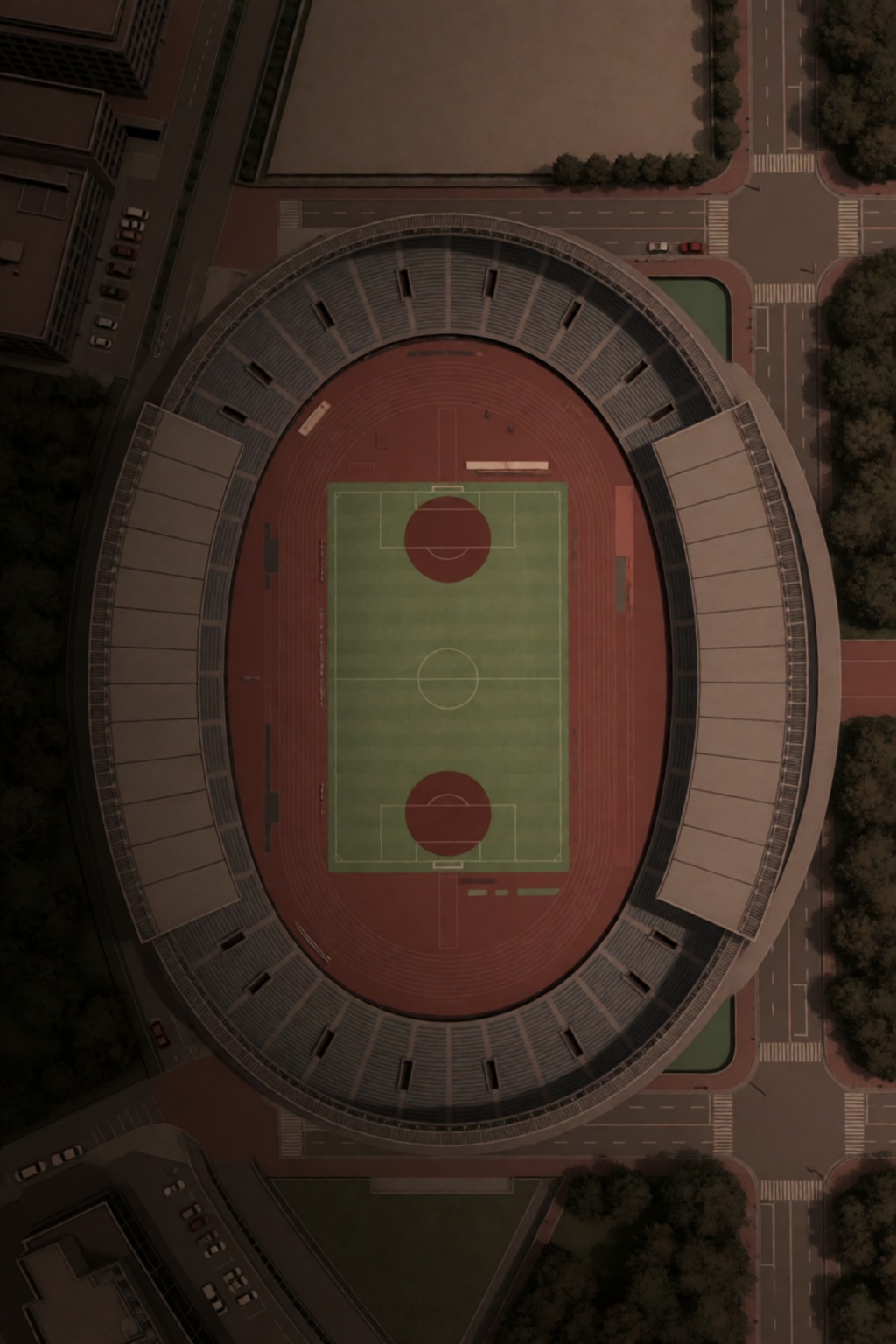 An establishing shot from an extreme high-angle,  top-down perspective captures a bird's-eye view of a large stadium and i...