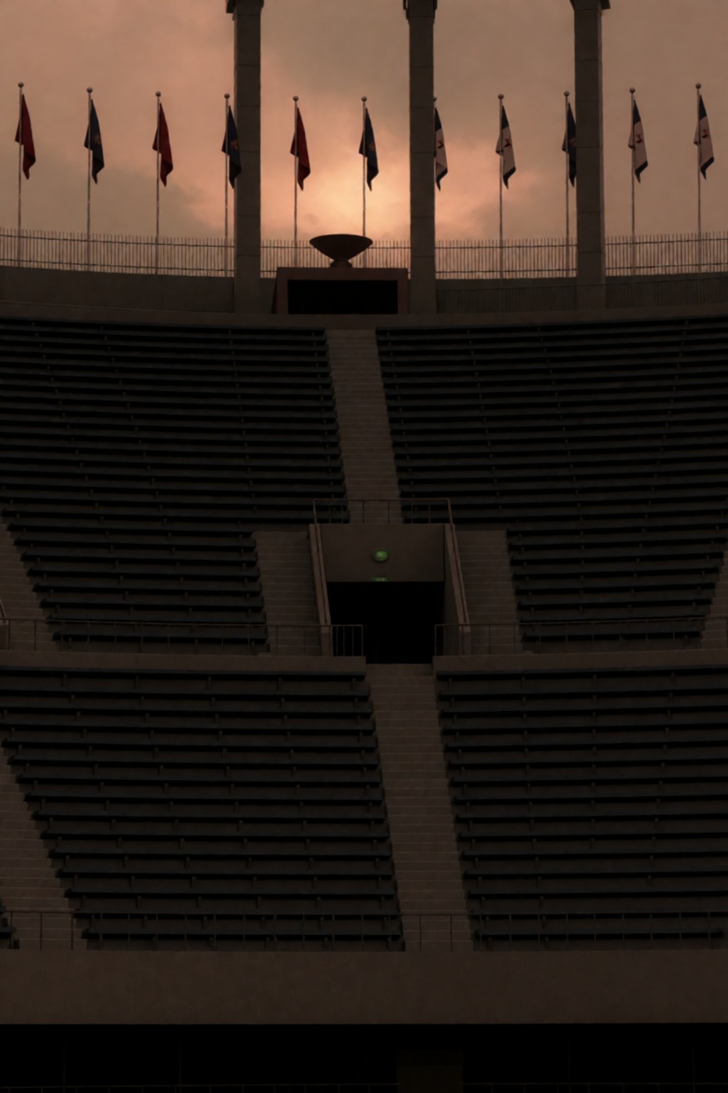 An establishing shot of a massive,  empty outdoor stadium at dusk,  viewed from a low-angle perspective looking up towards...