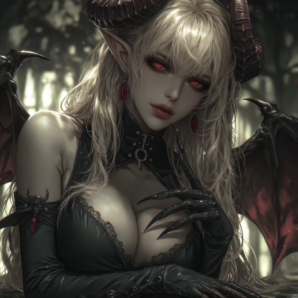 Create a dark dnd art style piece in a semi-realistic style,  focusing on intricate details. Depict one woman. She has ver...