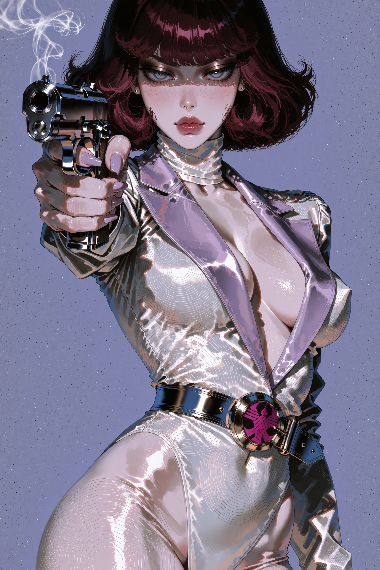 A retro-futuristic anime heroine with a voluminous dark auburn bob,  flipped ends and full bangs aims a polished chrome pi...