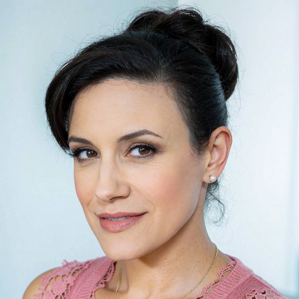 High-key digital glamour headshot,  vertically compressed face-dominant portrait composition,  late-2000s beauty-profile e...
