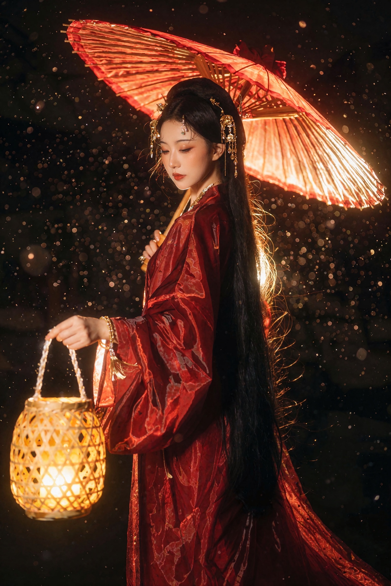 Cinematic classical Chinese gufeng fantasy photograph of a young woman standing in profile at night,  head gently bowed wi...